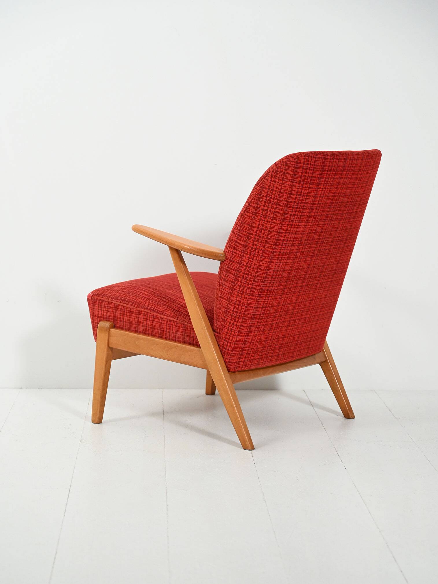 Scandinavian 1950s Beech Armchair with red upholstery