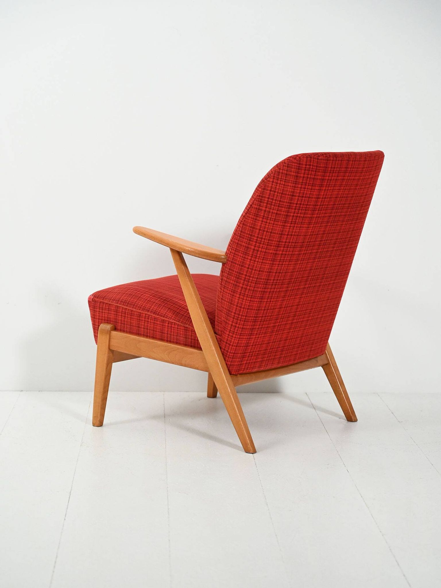 Scandinavian 1950s Beech Armchair with red upholstery