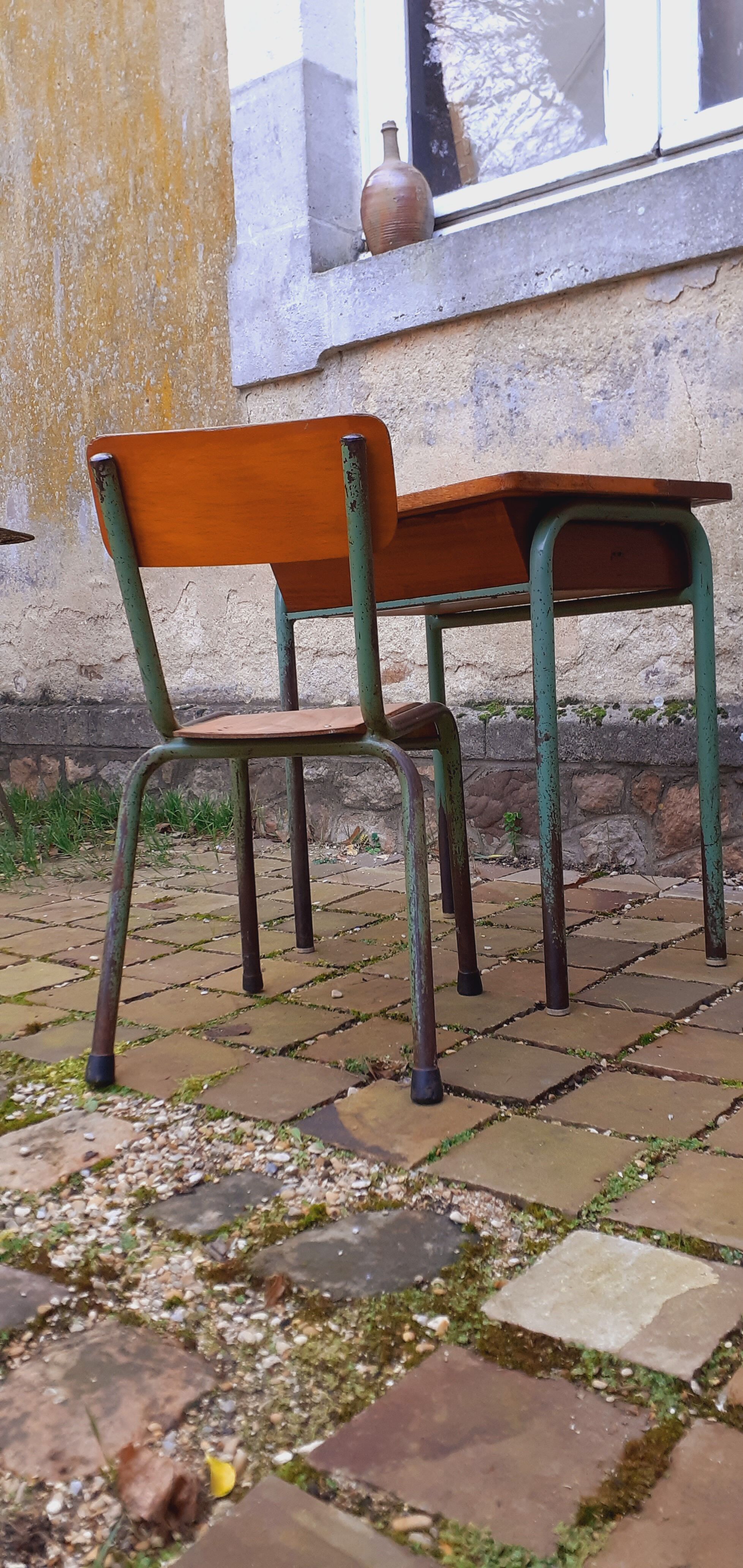 Vintage teak and solid oak schoolwork and its 50 year chair