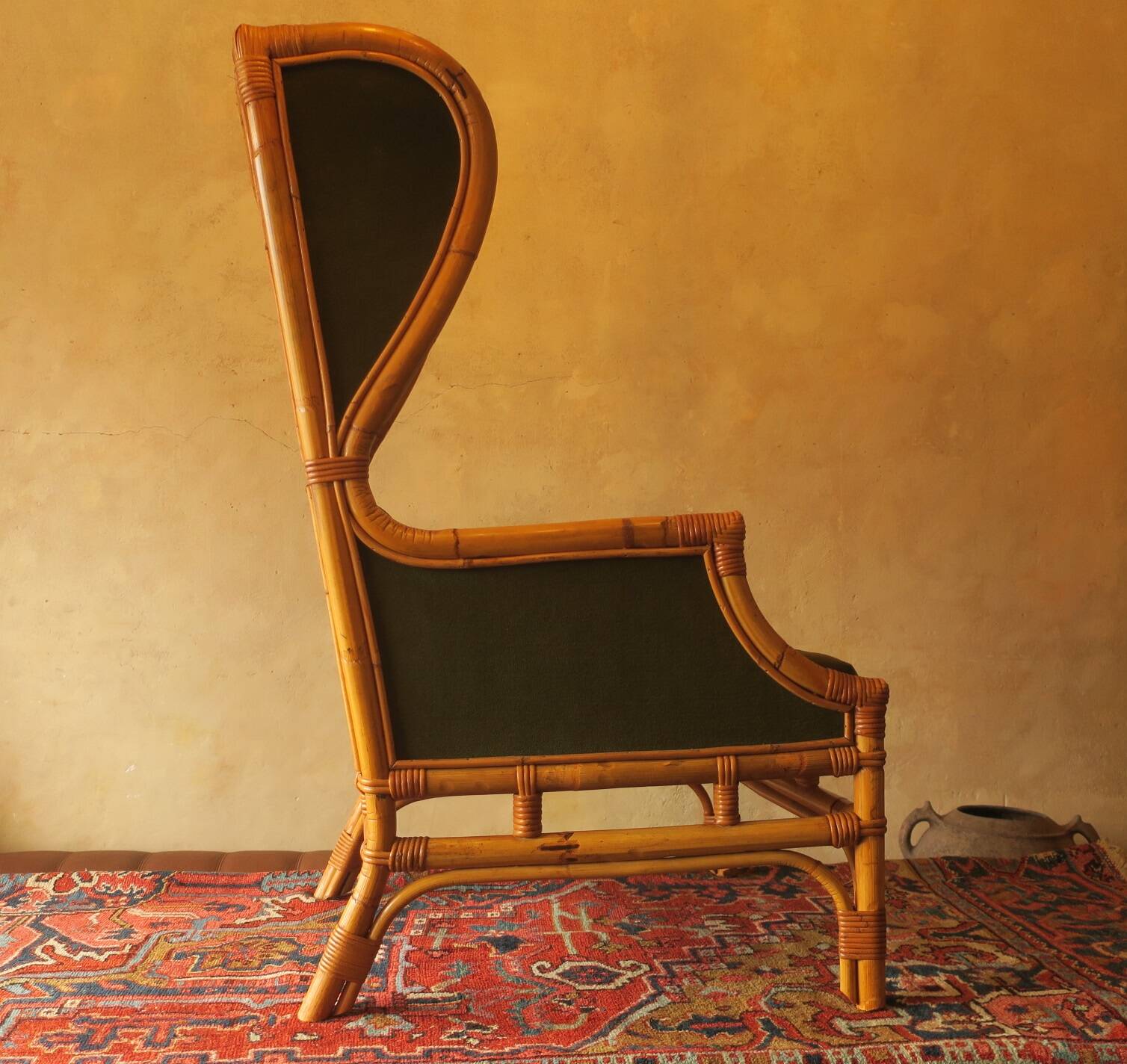 Mid century wing lounge chair in bamboo and olive green, 1960s