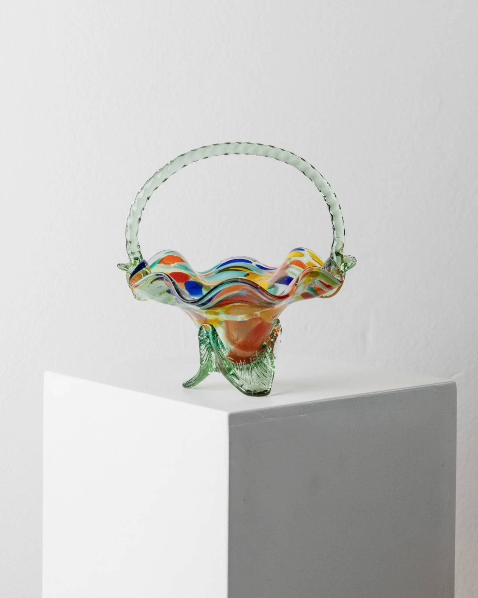 Multicolor Murano Glass Handle Bowl with Polka Dots, Ruffled Rim – 1970s Italian Mid-Century