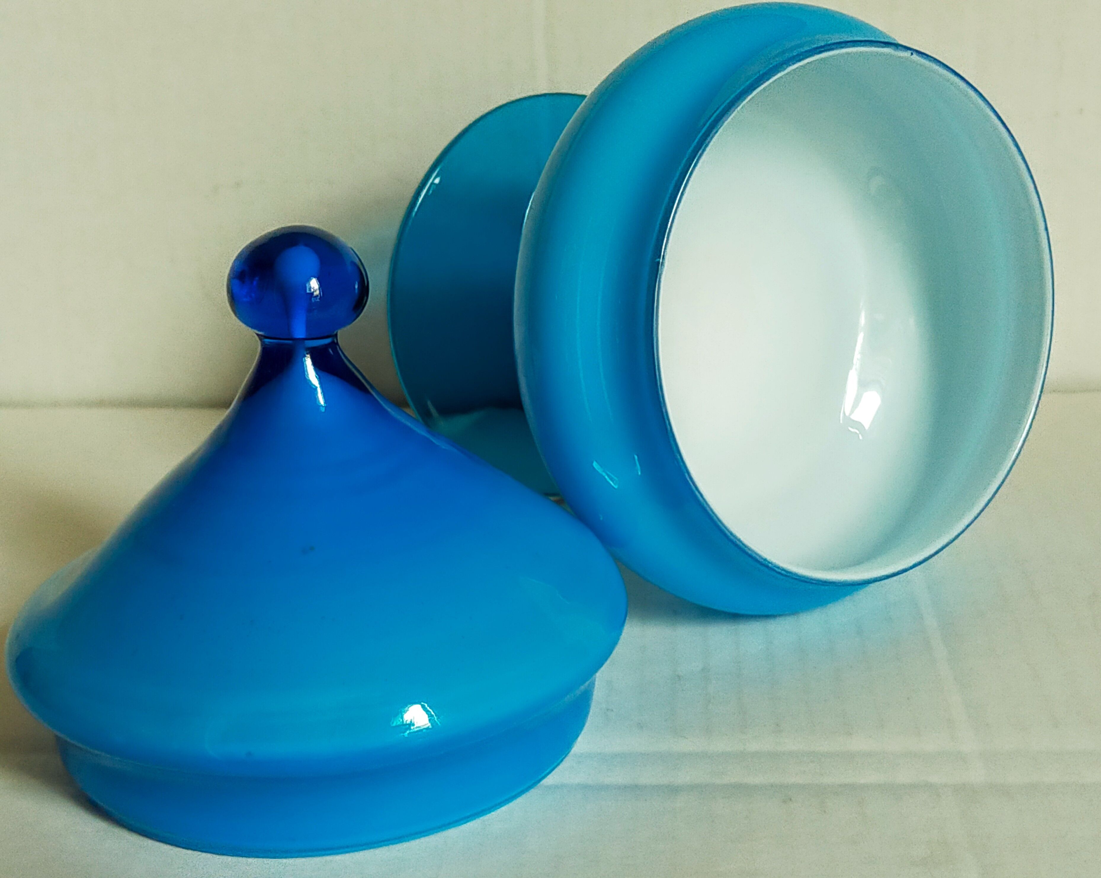 Covered pot on foot in vintage blue opaline