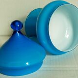 Covered pot on foot in vintage blue opaline