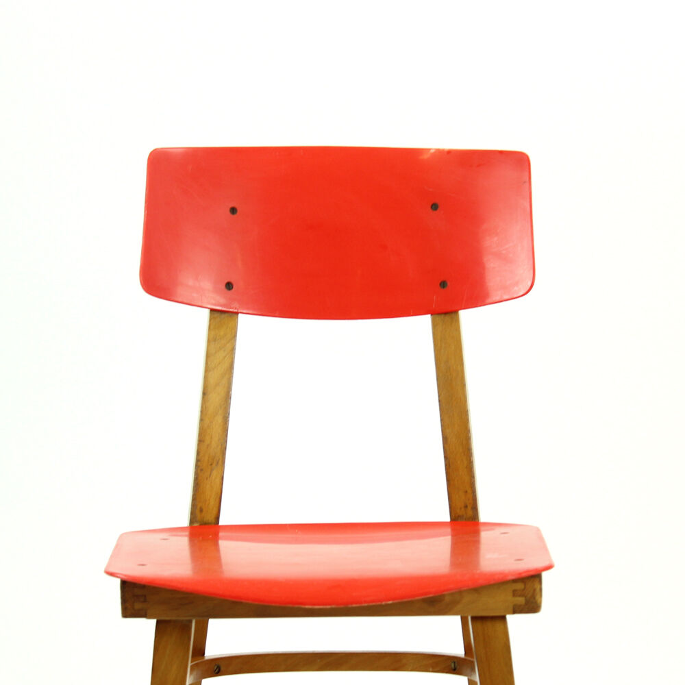 Midcentury chair in red and beech wood, Czechoslovakia circa 1960
