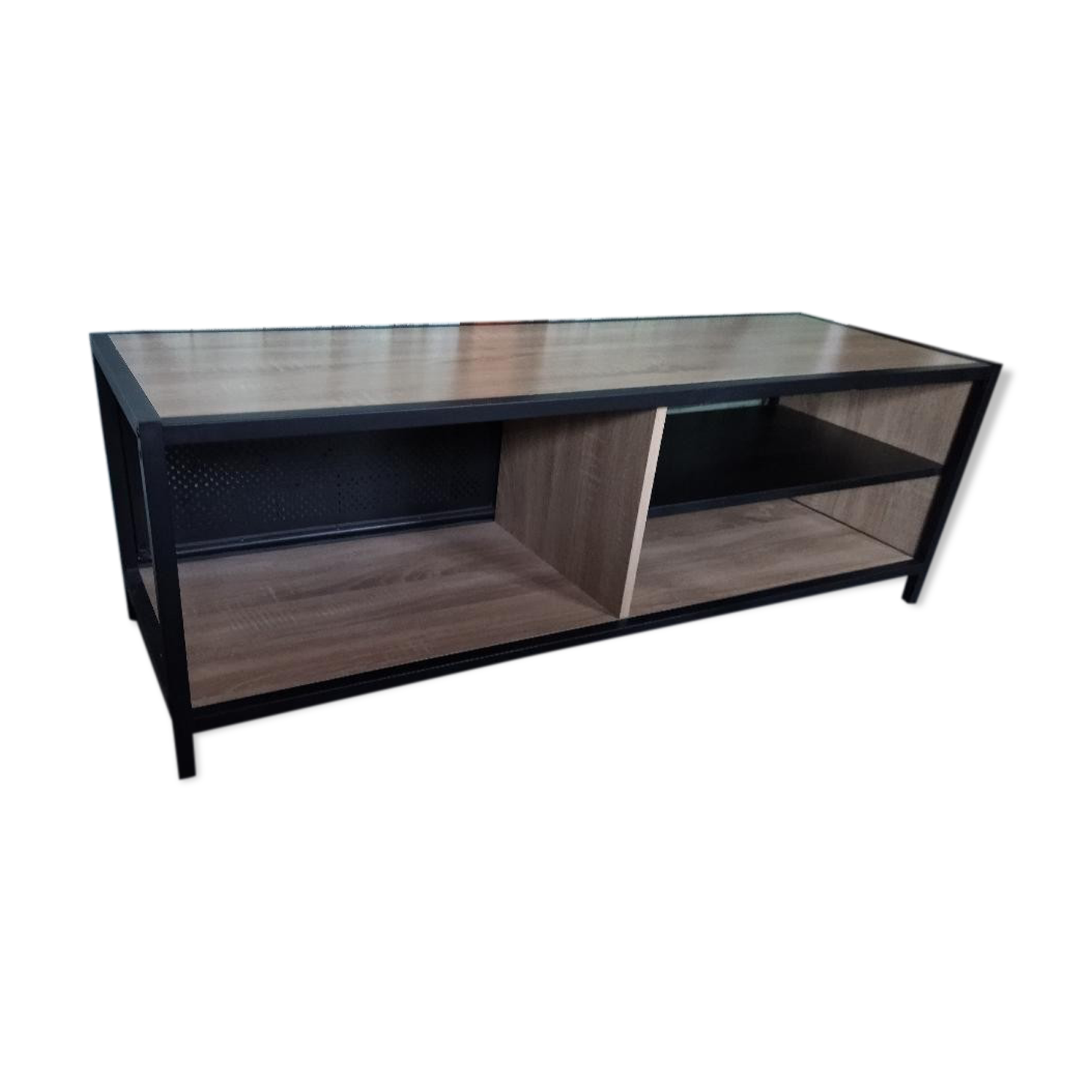 Industrial tv cabinet in metal and wood.