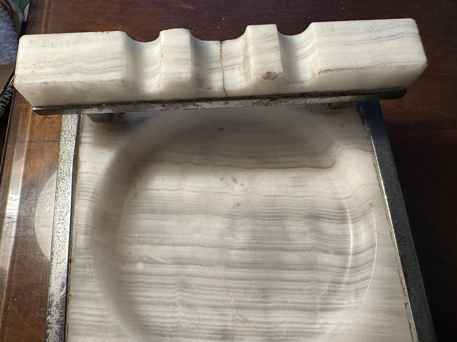 Art-deco ashtray - white stone and metal - made in France