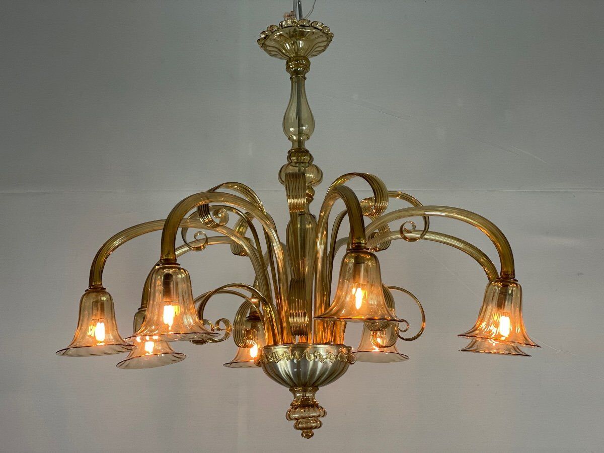 Venetian chandelier in golden murano glass, 8 arms of light