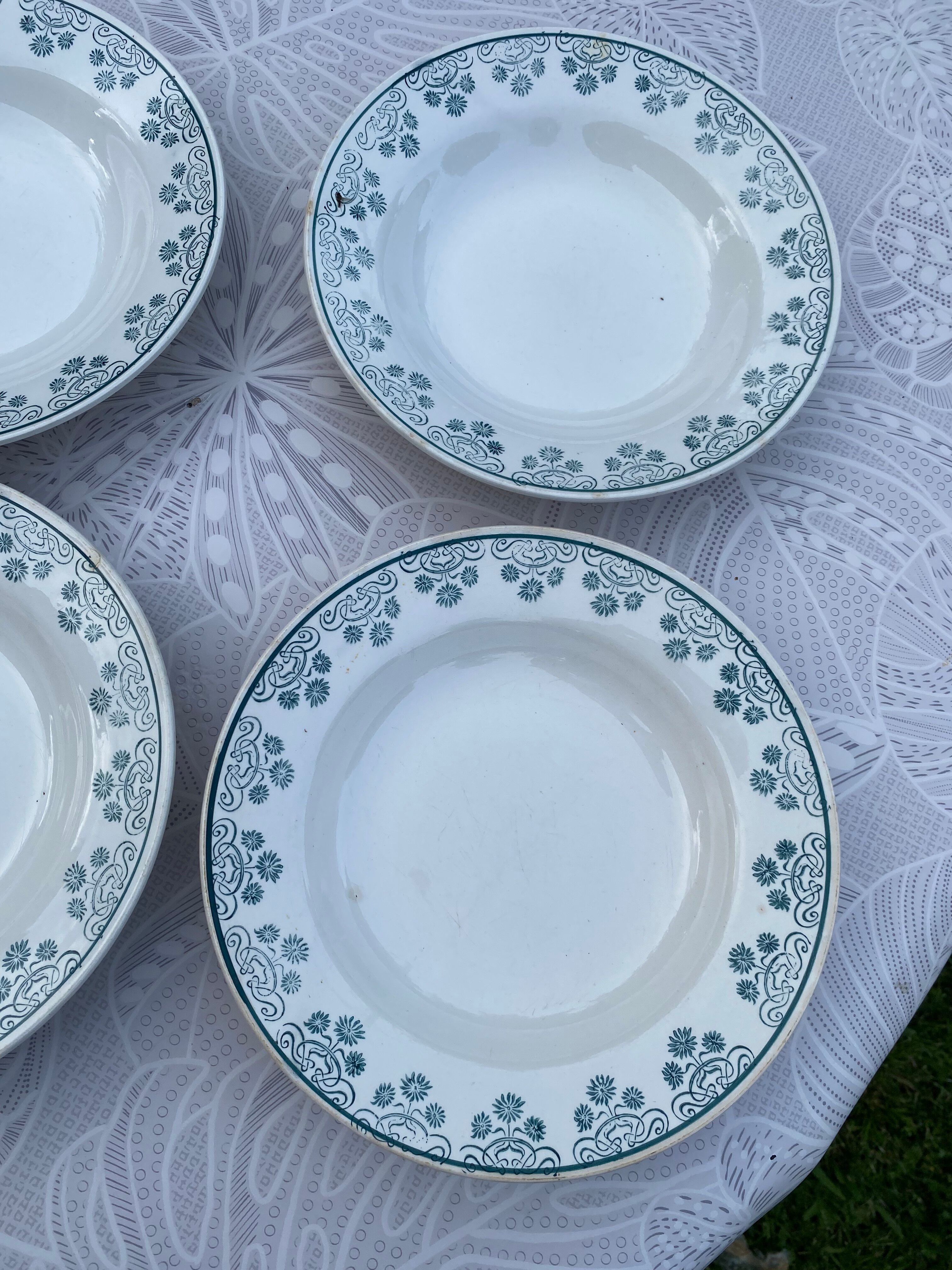 Set of 4 vintage deep plates in earthenware - Green floral pattern
