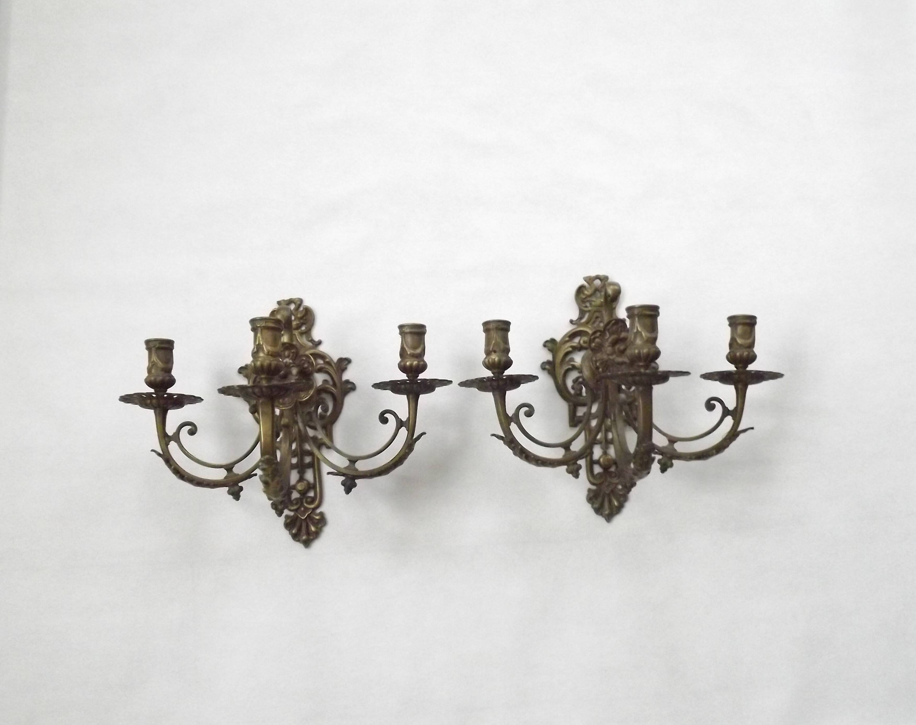 Pair of Heavy Victorian Bronze Triple Wall Sconces Griffin & Flower Detail