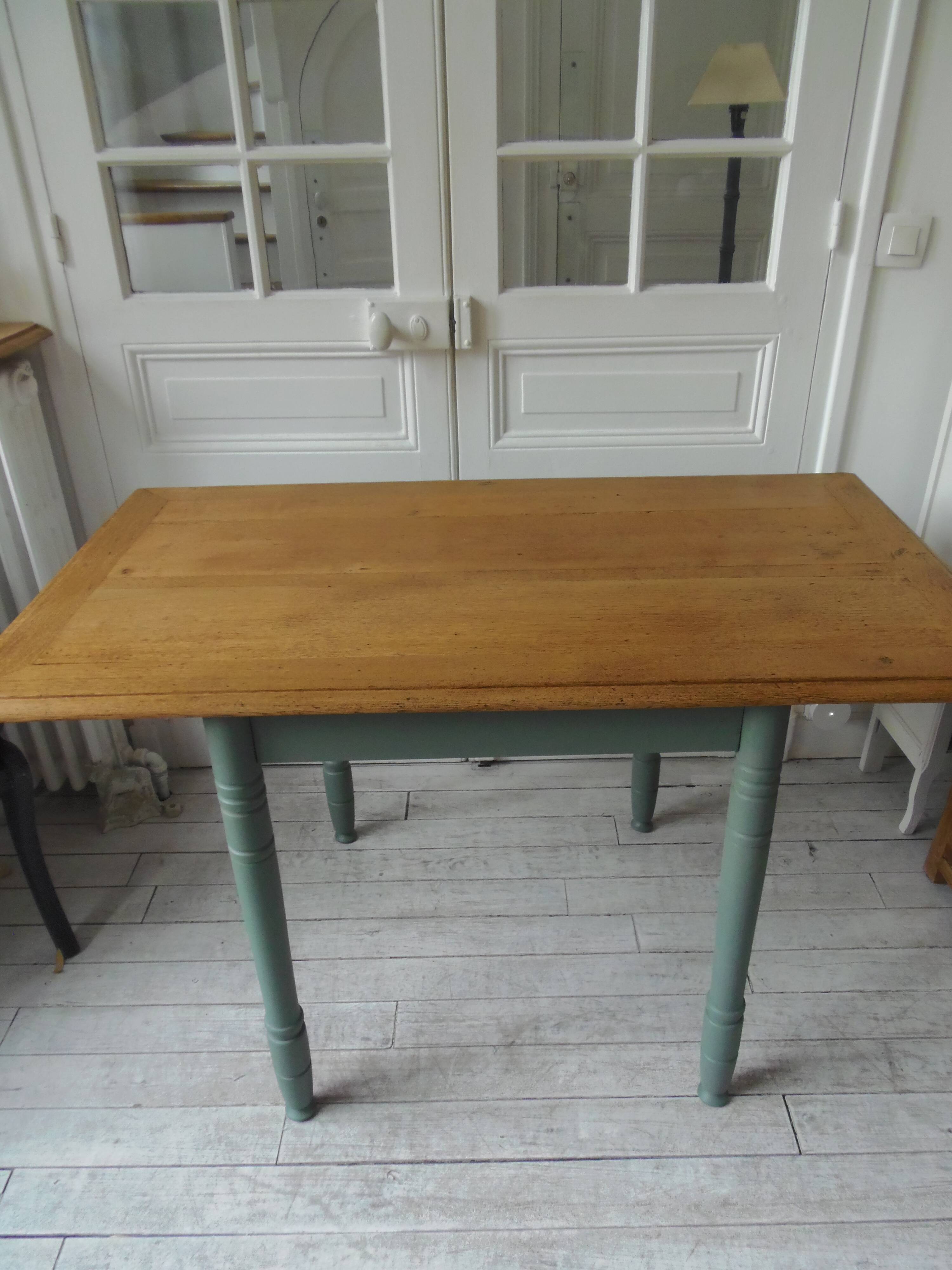 Table, vintage desk with smoked green legs, oak top.
