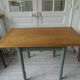 Table, vintage desk with smoked green legs, oak top.