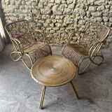 Ensemble table basse et fauteuils en roseau - années 50