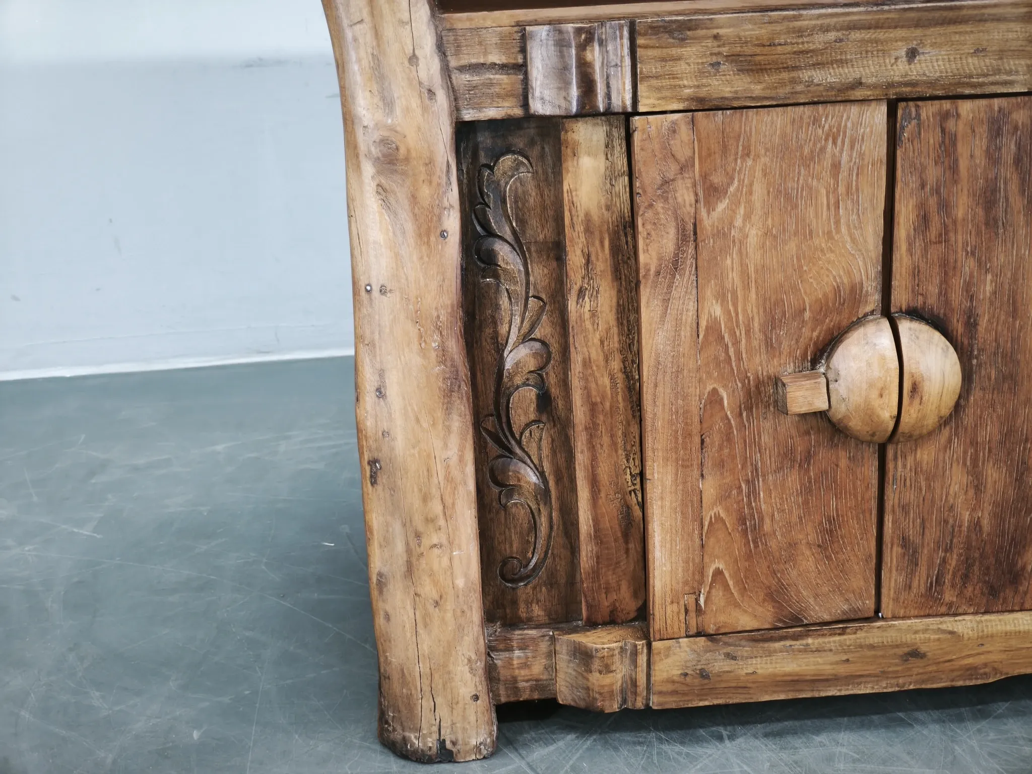 1970s Asian Rustic Solid Wood Console Table, Hand-Carved Primitive Sideboar