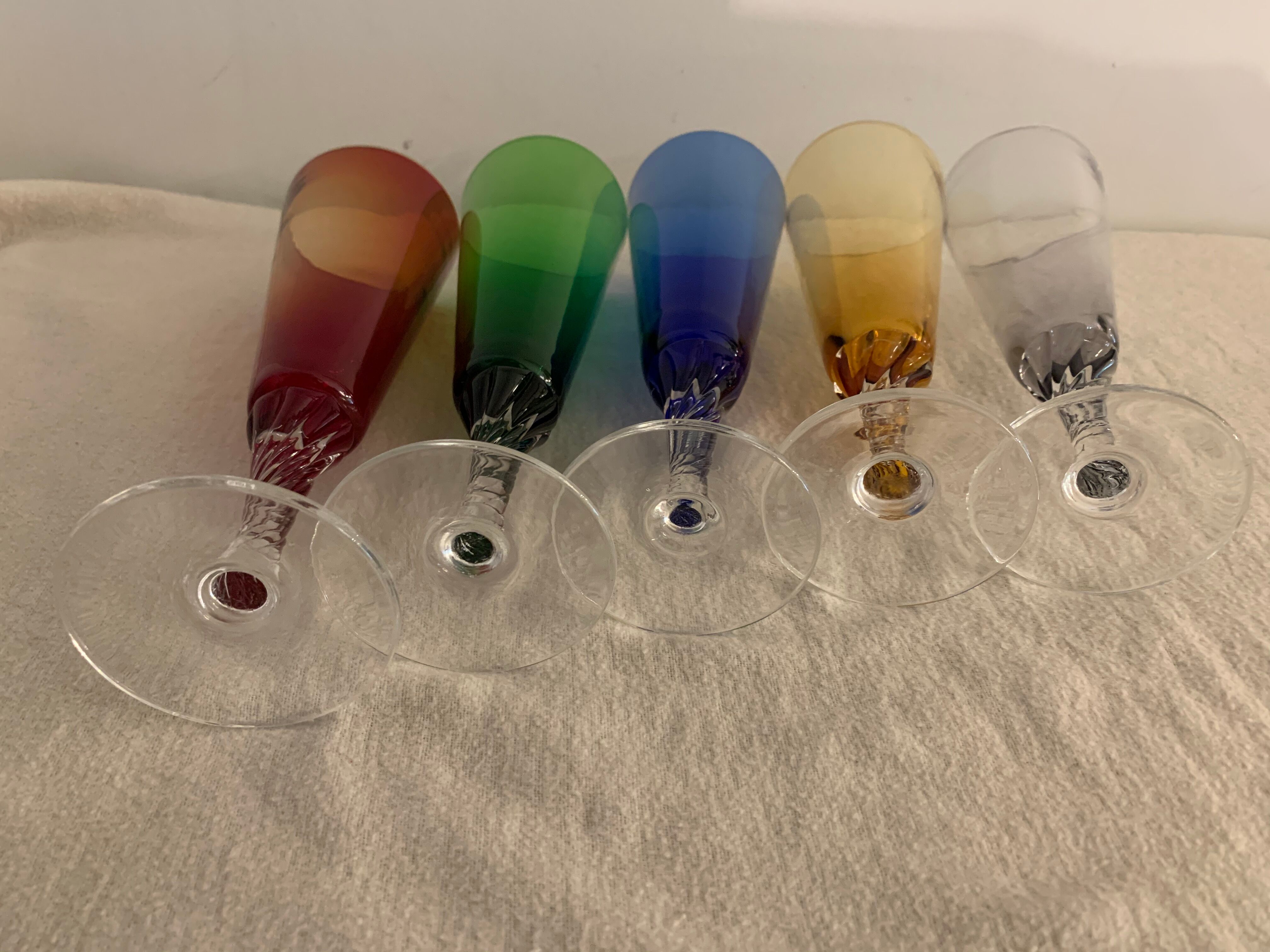 5 colorful champagne flutes in Murano 1970 glass