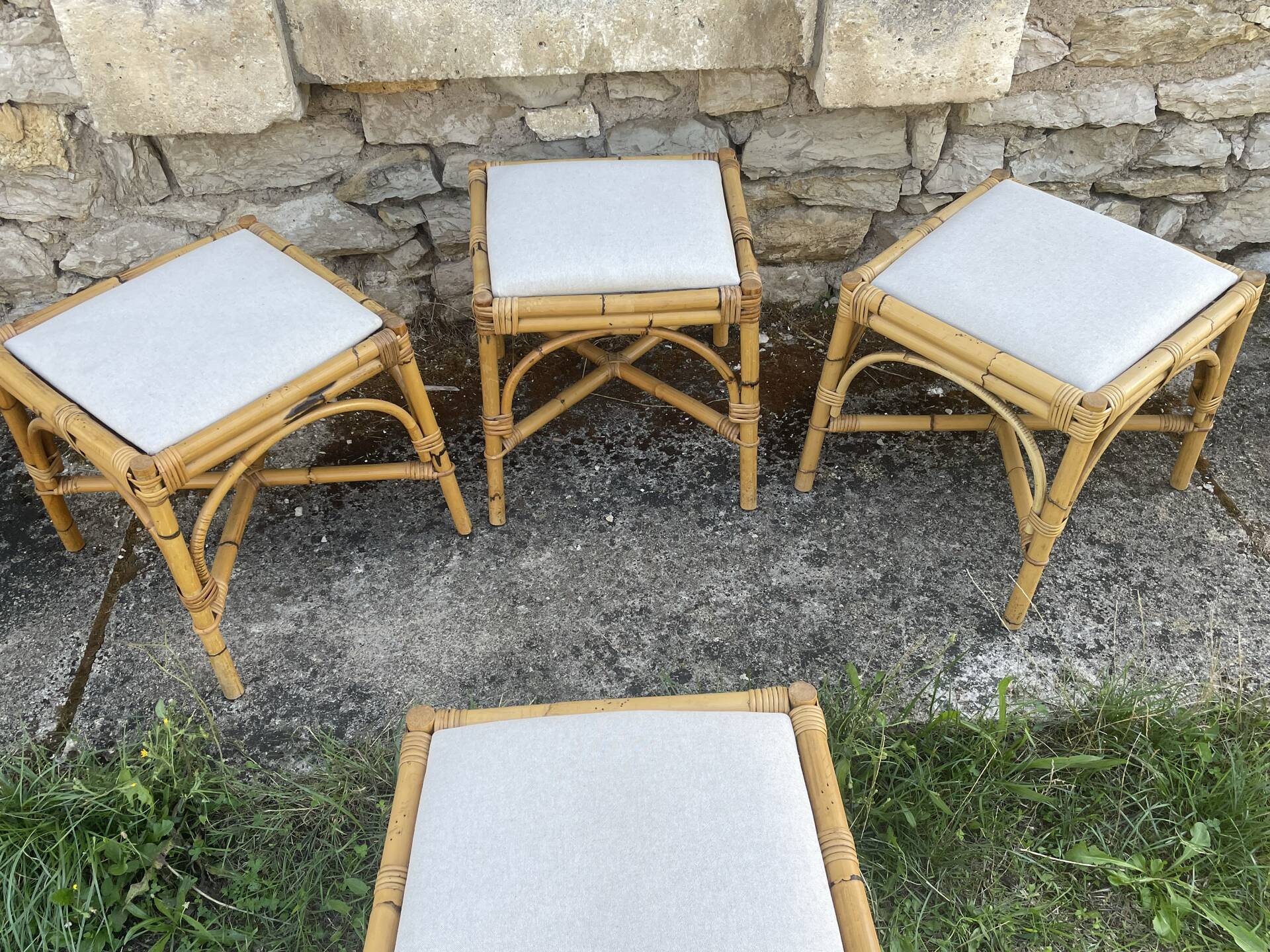 4 tabourets vintage bambou et rotin – années 60/70
