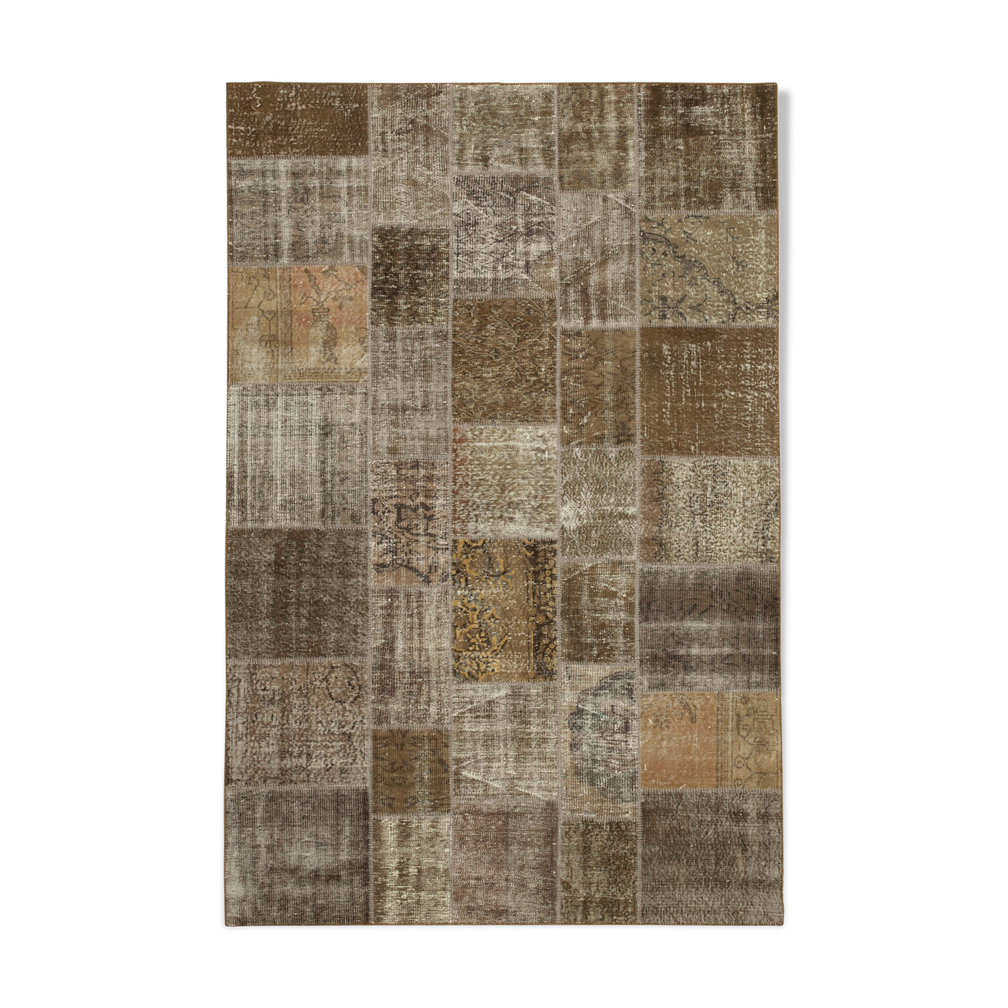 Hand-knotted turkish vintage 198 cm x 300 cm brown patchwork carpet