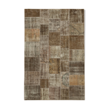 Hand-knotted turkish vintage 198 cm x 300 cm brown patchwork carpet