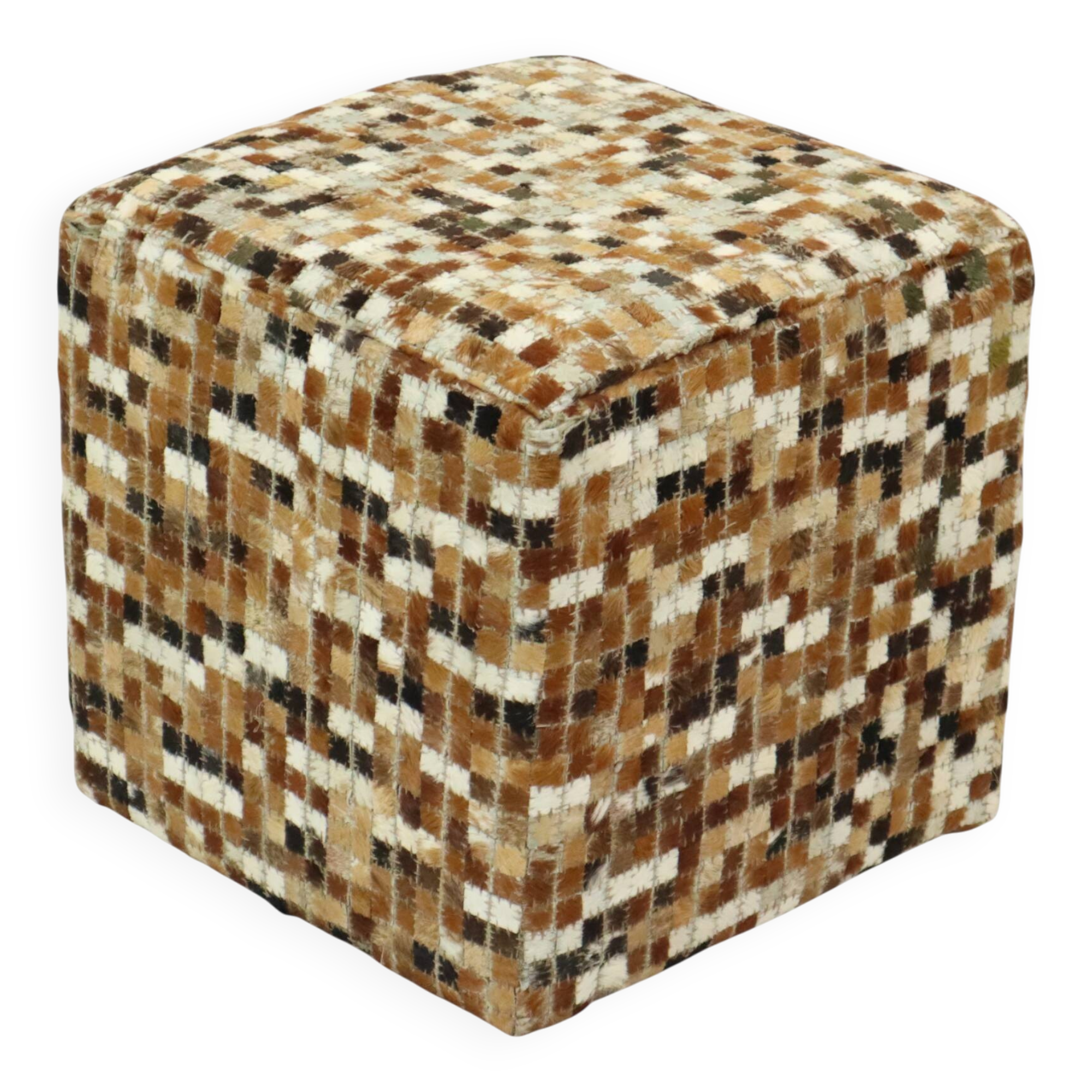Vintage Square Pouf Goat Leather Patchwork Mosaic Pattern