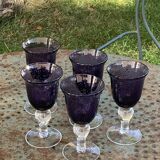 Set of 5 wine glasses in blown and bubbled glass, duo line, biot glassware style, unsigned,
