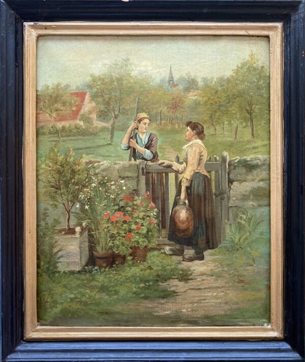 Tableau HST ''La conversation au jardin'' XIX° siècle