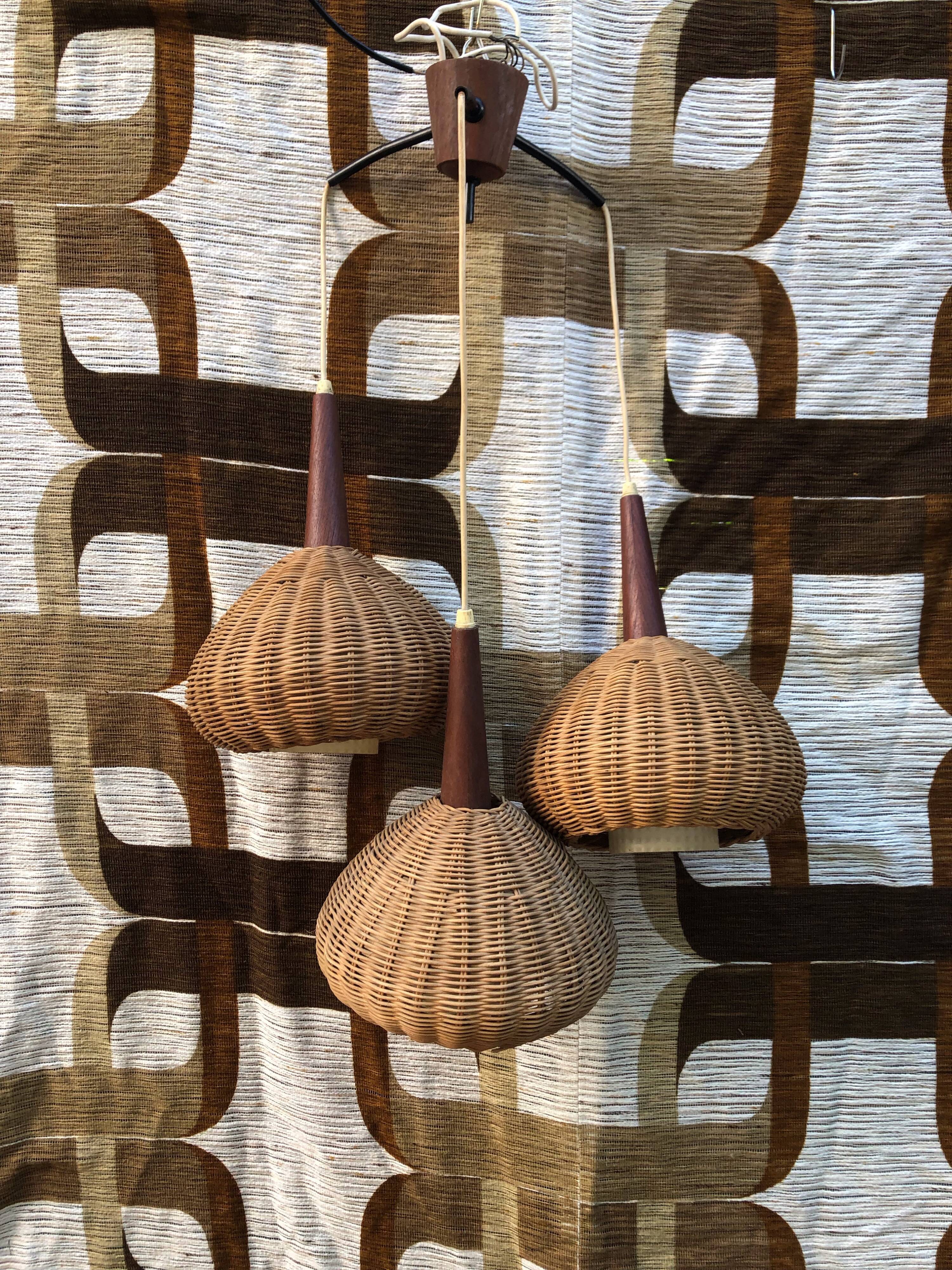 Suspension 3 arms rattan and teak vintage 60s