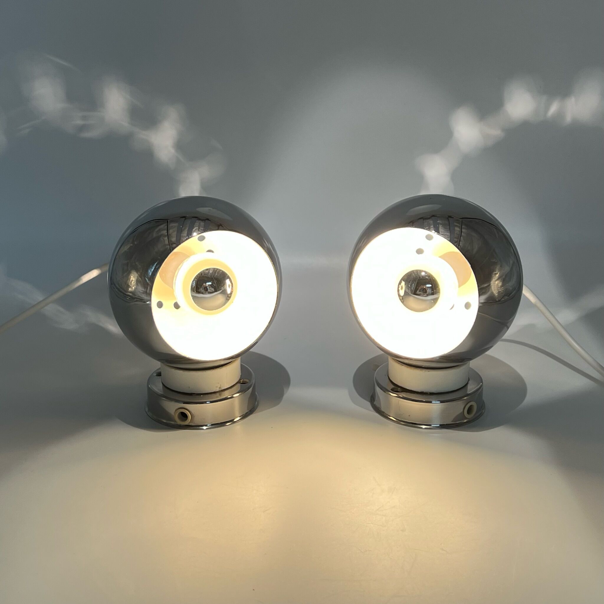Reggiani Eyeball 60s Lamp Set - chromed globe wall lamps - space age desk lamps