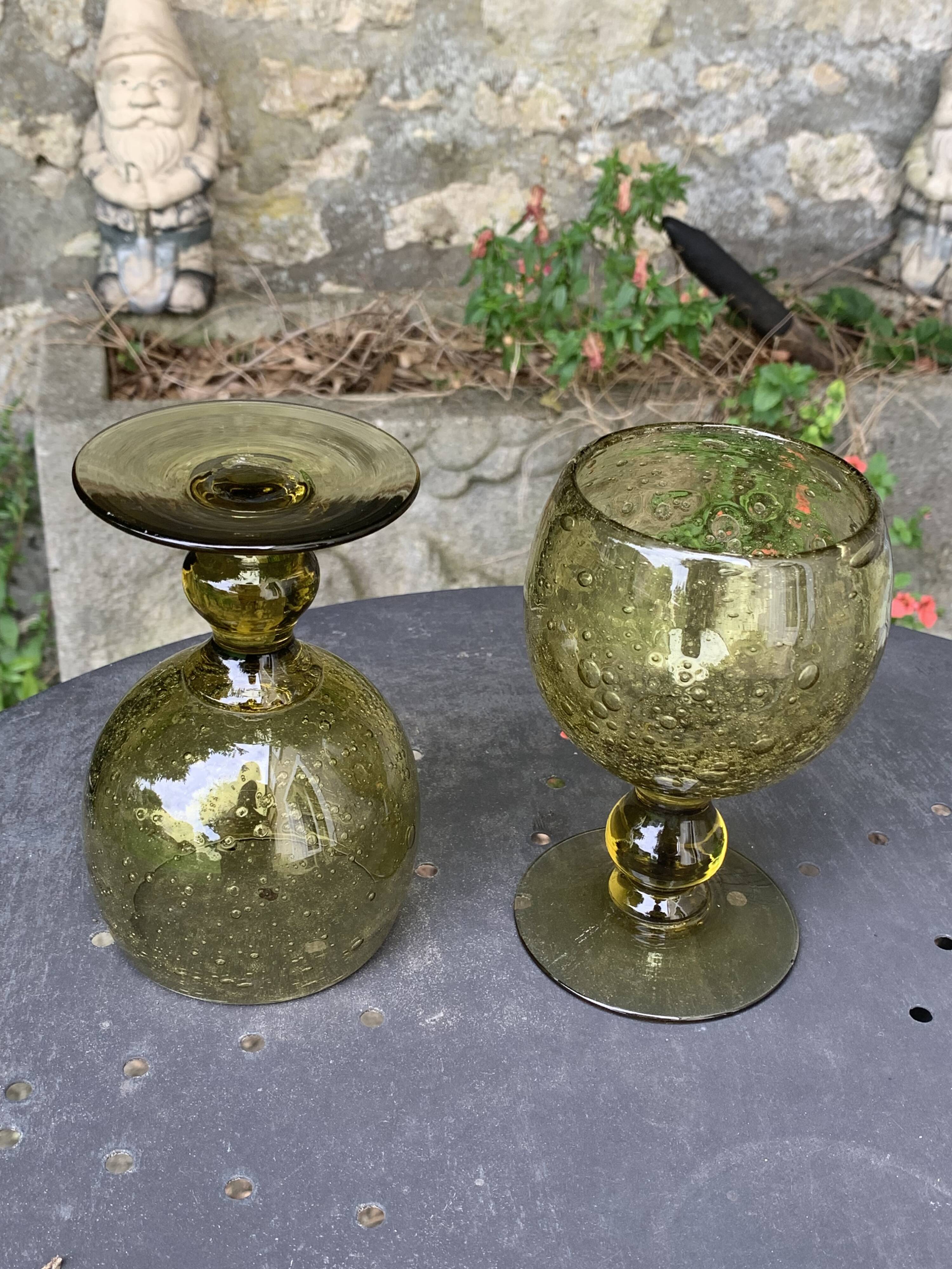 6 wine glasses in khaki green hand-blown glass, large model, vintage