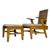 Fauteuil sculptural en hêtre et rotin avec repose-pieds, par ÚLUV, années 1960