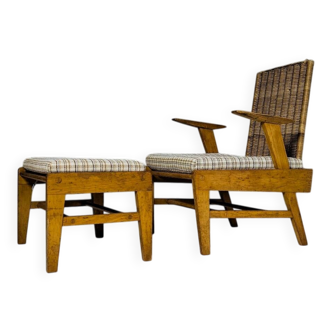 Sculptural Beech and Rattan Armchair with Footstool by ÚLUV, 1960s