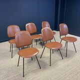 Set of 6 retro bistro chairs in cognac leatherette and black steel legs