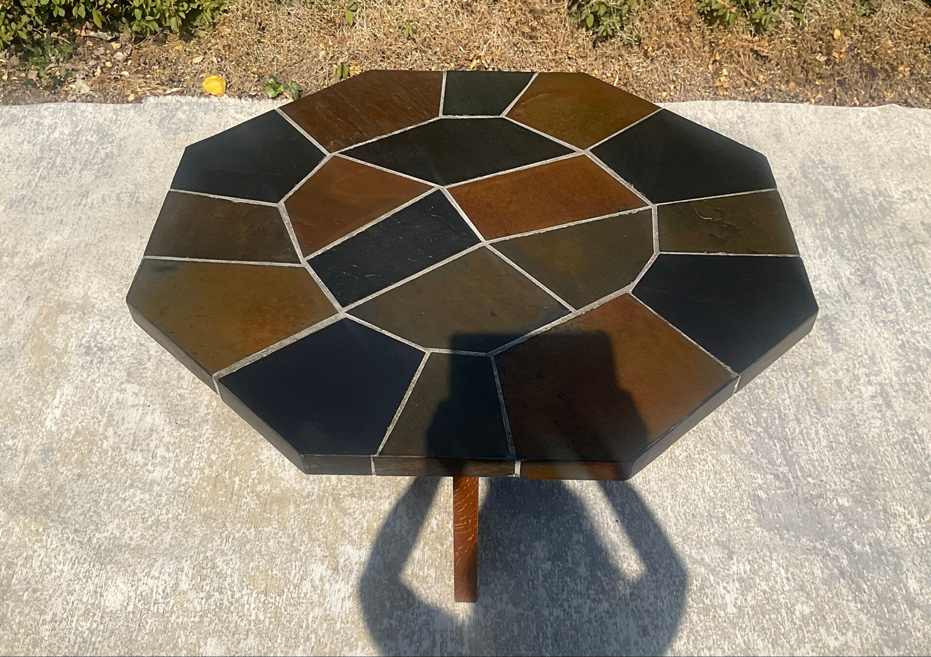 Brutalist octagonal coffee table from the 1970s in solid oak and slate.