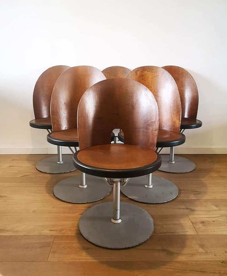 Set of 6 wooden swivel chairs