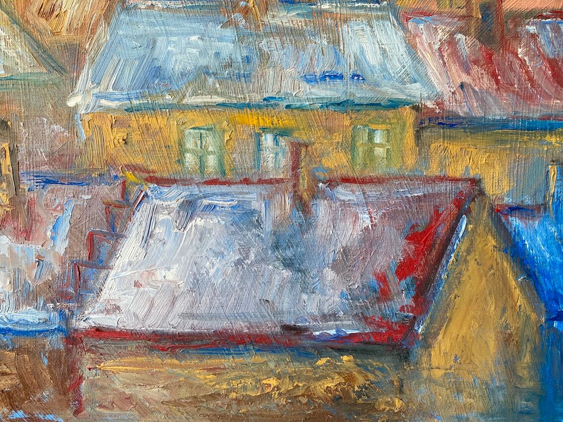 Mid century modernist framed oil painting - houses at sunset