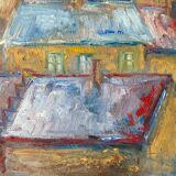 Mid century modernist framed oil painting - houses at sunset