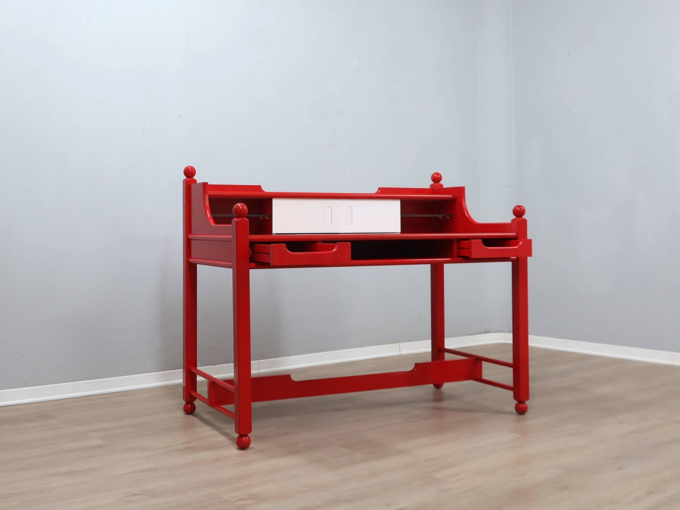 Vintage red lacquered writing desk Italian rustic design 1960s