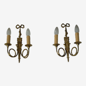 Pair of wall lamps Louis XVI hunting horn bronze dore