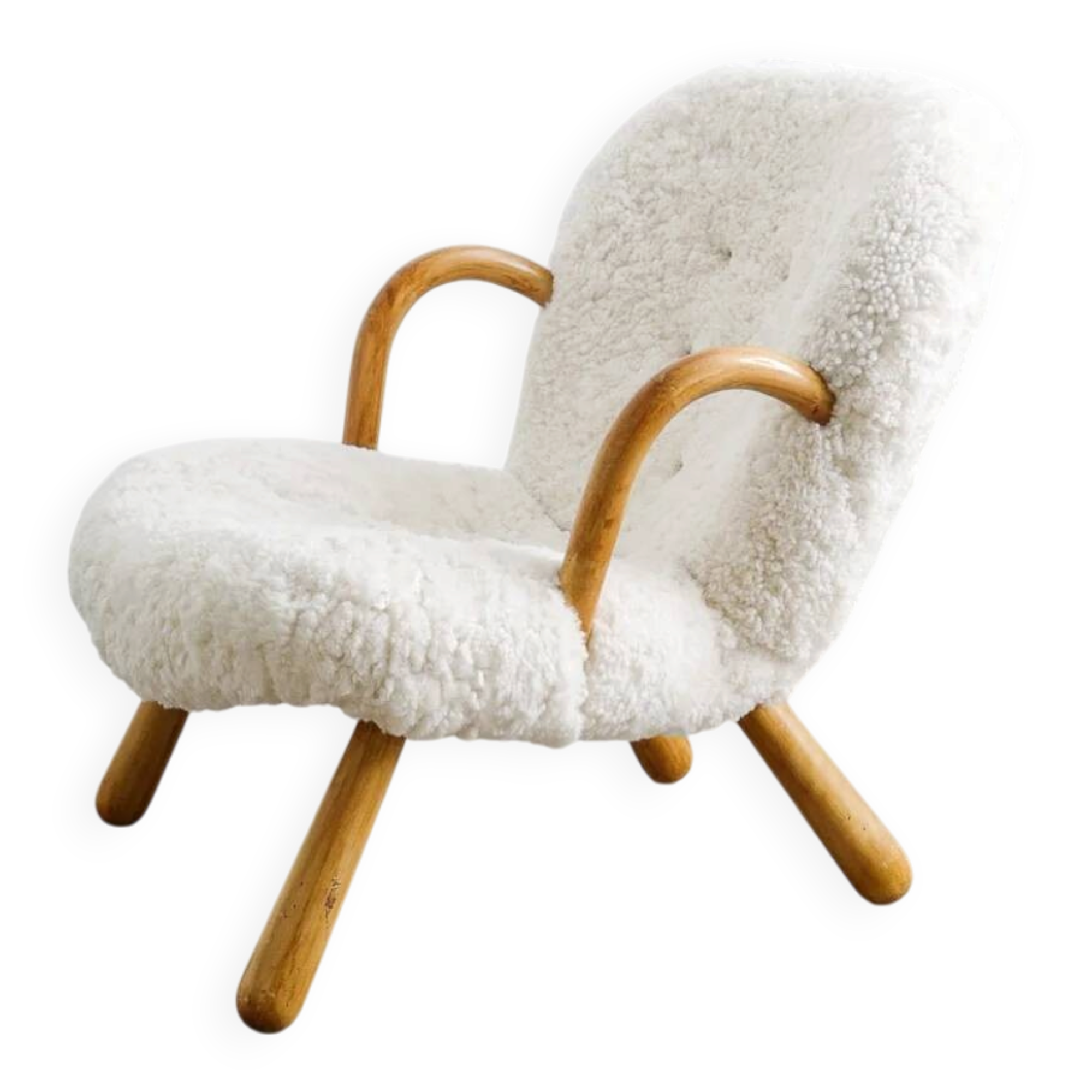 DANISH "CLAM CHAIR" BY ARNOLD MADSEN IN WHITE SHEEPSKIN, 1940s