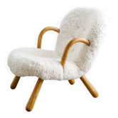 Fauteuil danois "Clam" par Arnold Madsen en laine de mouton blanche, années 1940