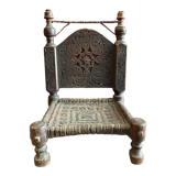 Pakistan Old Swat Valley Carved walnut wood low chair woven leather seat