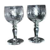 Saint-Louis set of 2 Rocaille acid-etched crystal balloon wine glasses H14.3