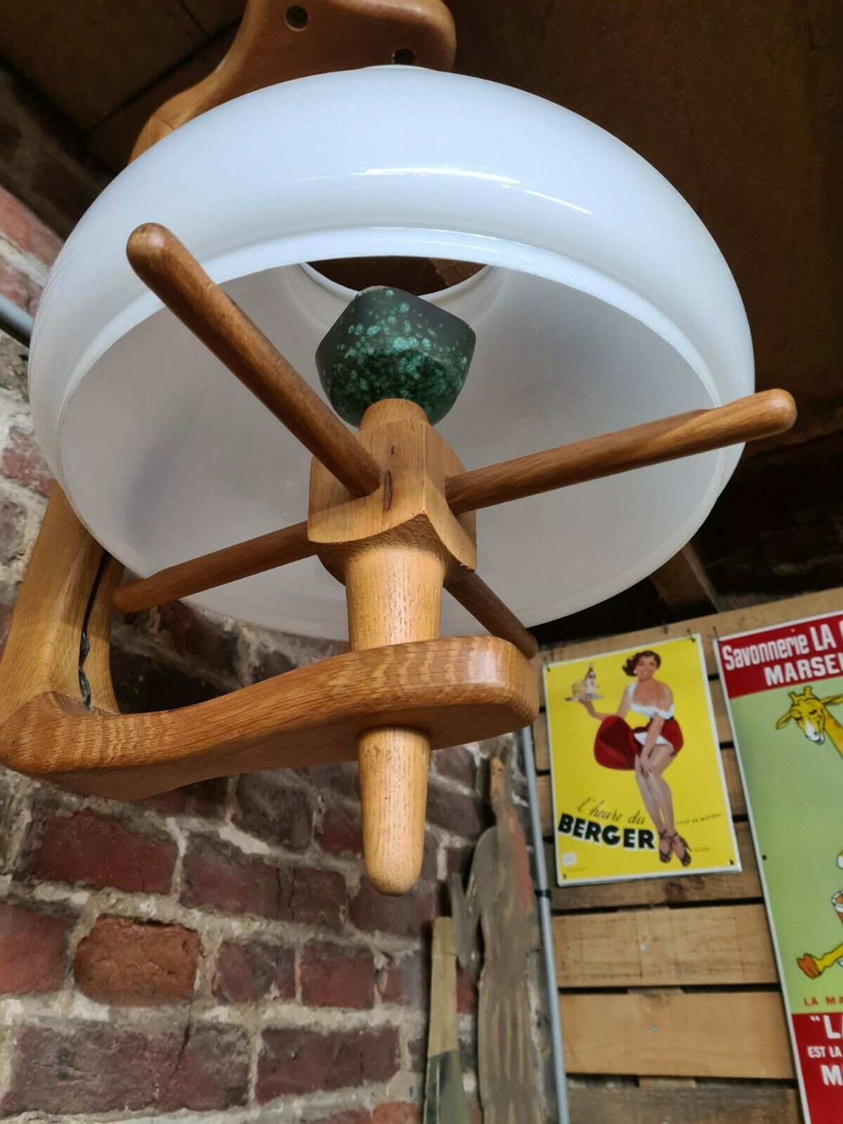 Vintage pendant lamp with opaline "your home" byGuillerme & Chambron in wood