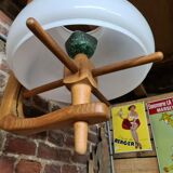 Vintage pendant lamp with opaline "your home" byGuillerme & Chambron in wood