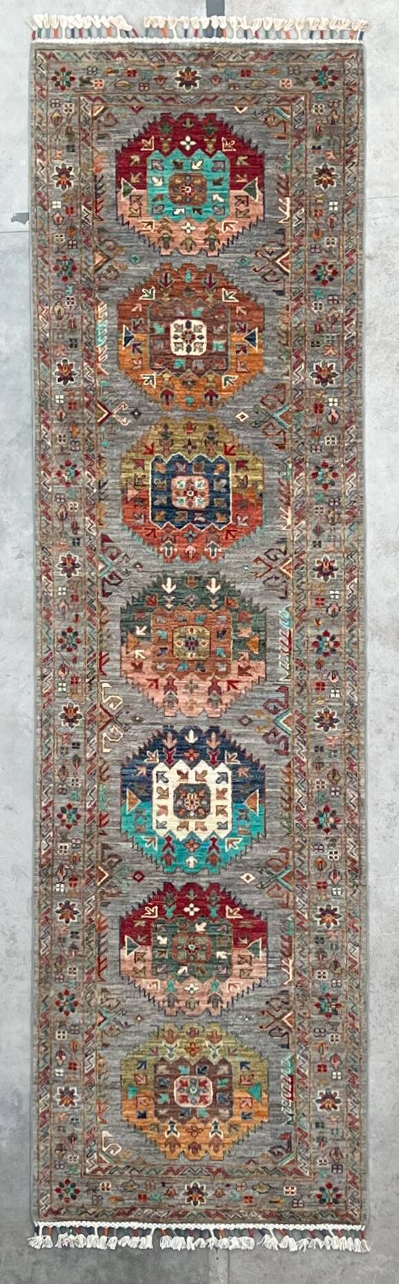 Tapis de couloir Serapi Kazak en laine nouée à la main, motif géométrique tribal, 300 x 84 cm