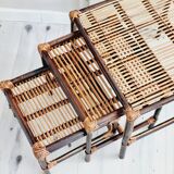 Trio of nesting tables in wood and rattan