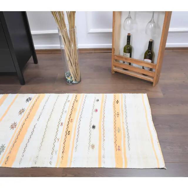 Vintage Turkish Oushak Handmade Wool Cotton White Kilim Runner Rug 67x254