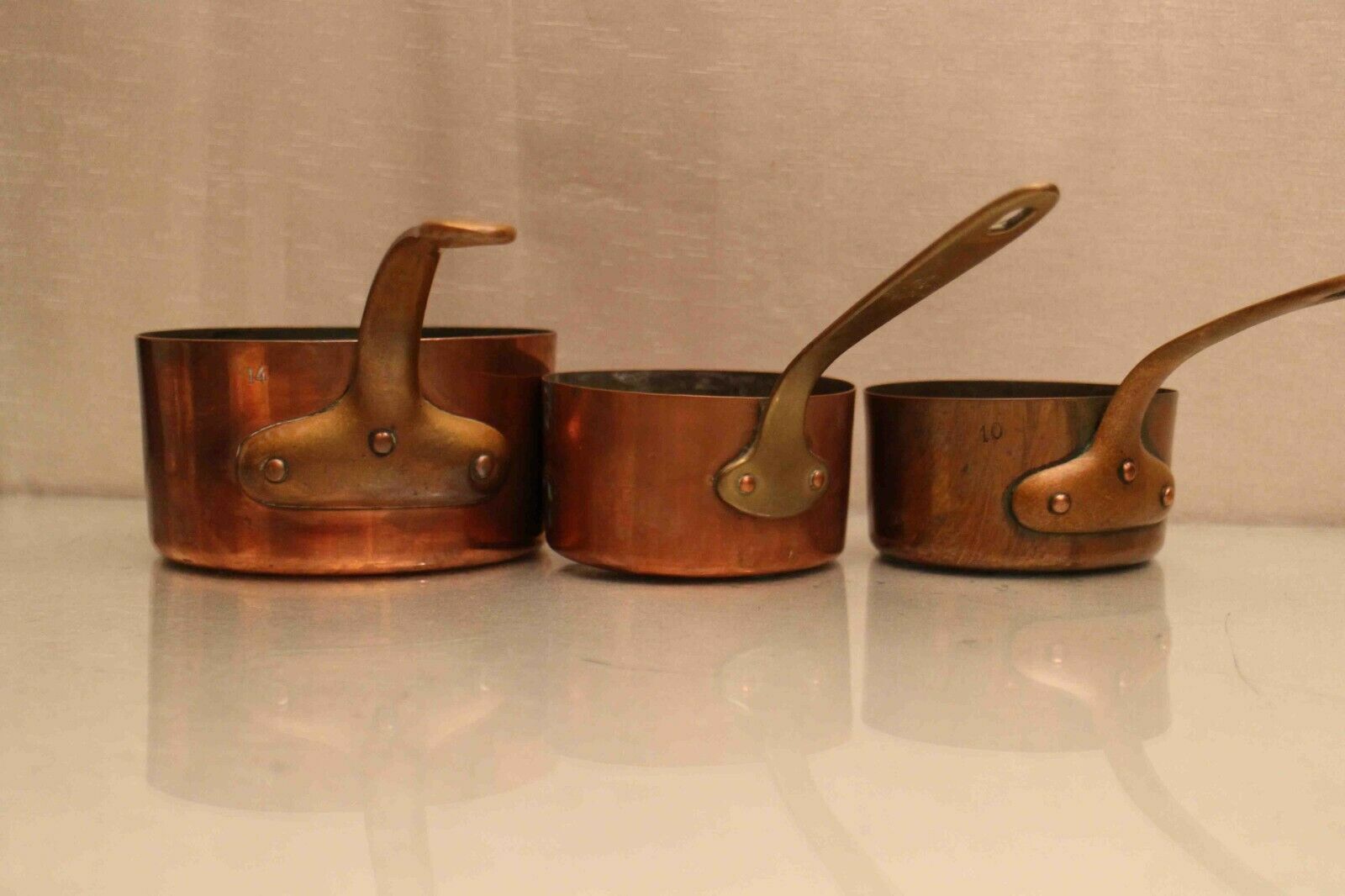 Lot of 3 copper pans No.10 and No.14