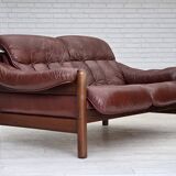 1970s, 2-seater Swedish sofa, brown leather with patina, dark beech wood.