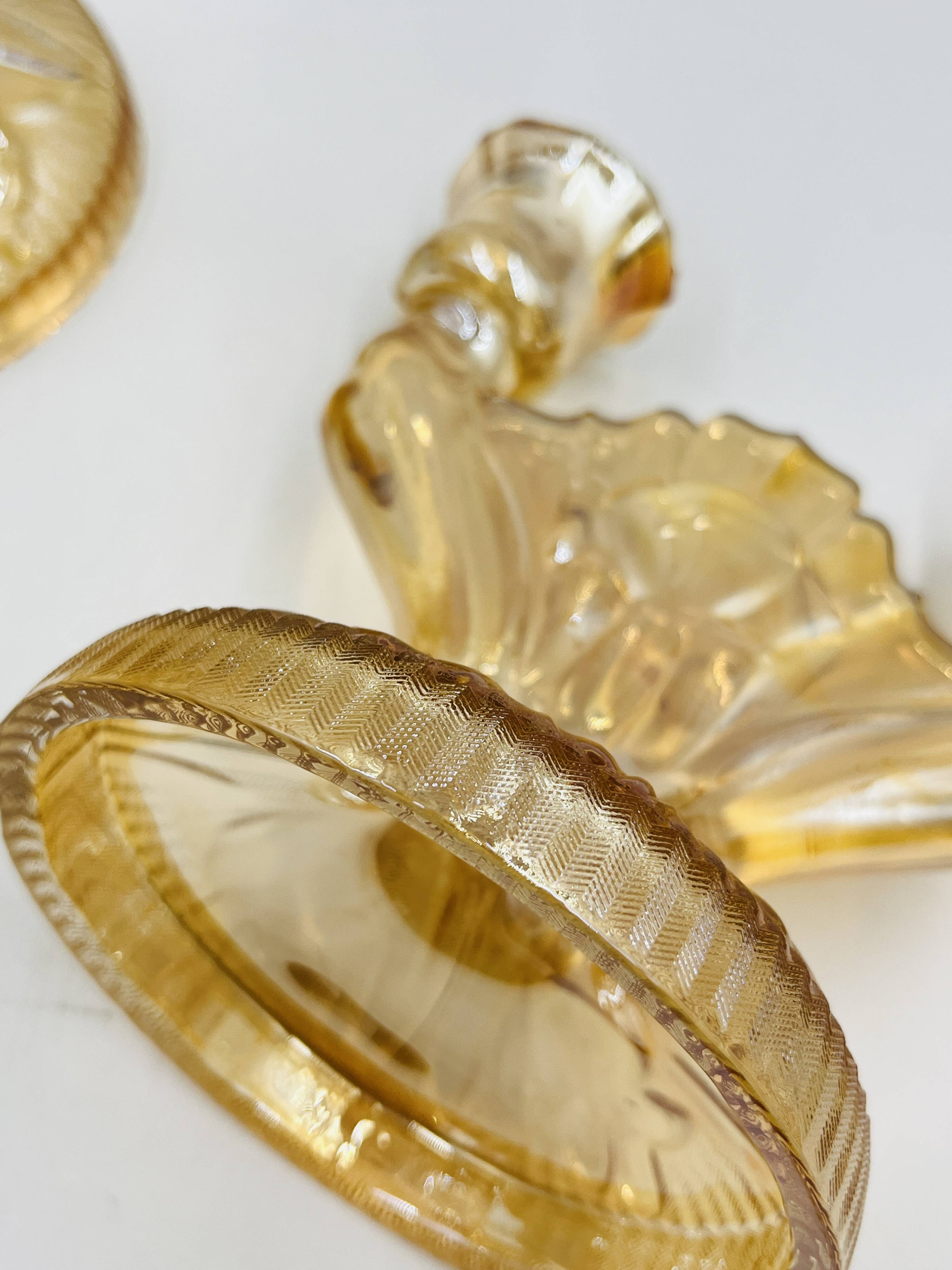 Pair of Empoli amber glass chandeliers in Art Deco style