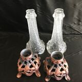Pair of cone vases in pressed and molded glass, Zamac with 2 patinas