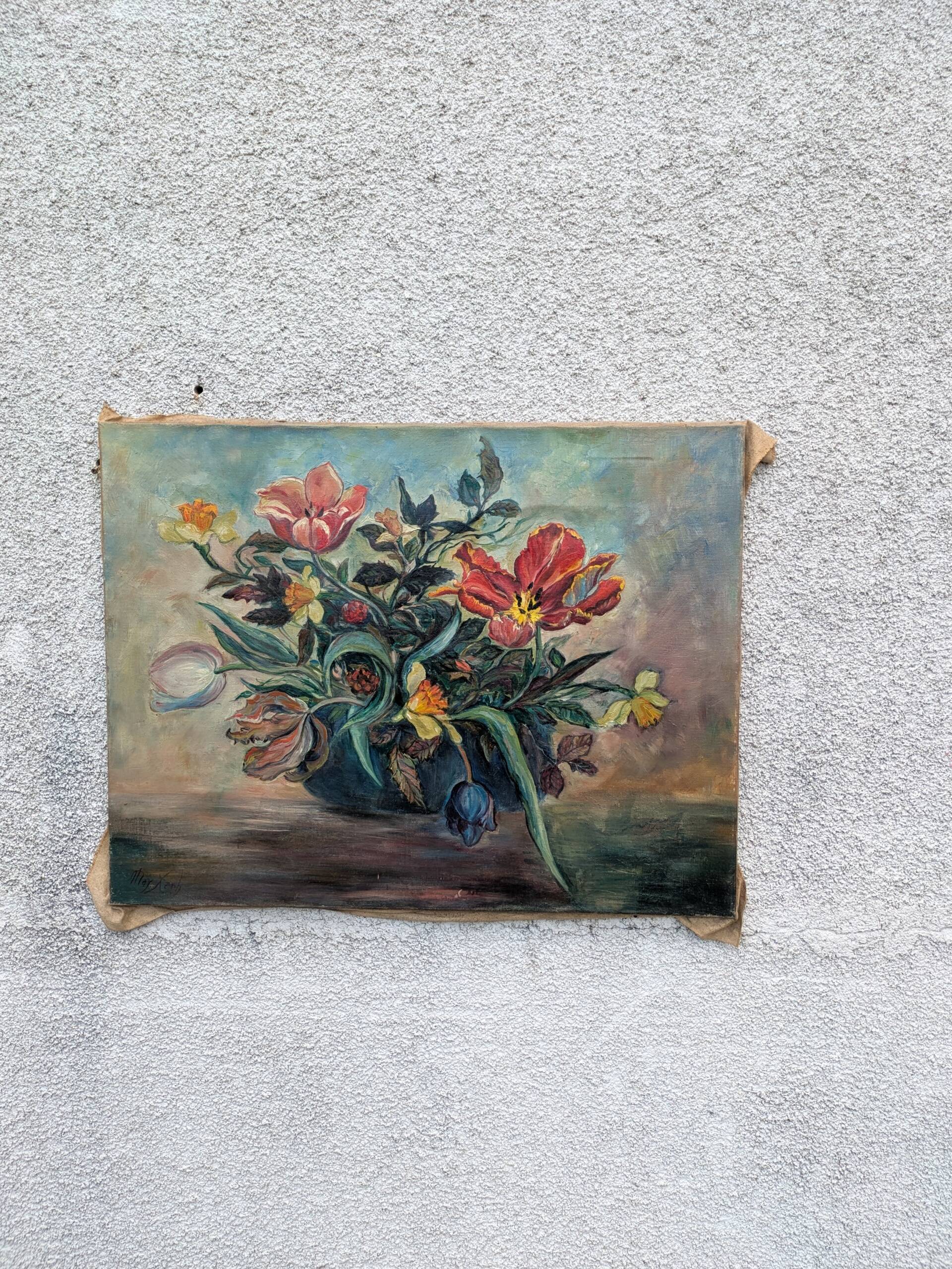 Old painting, bouquet of flowers